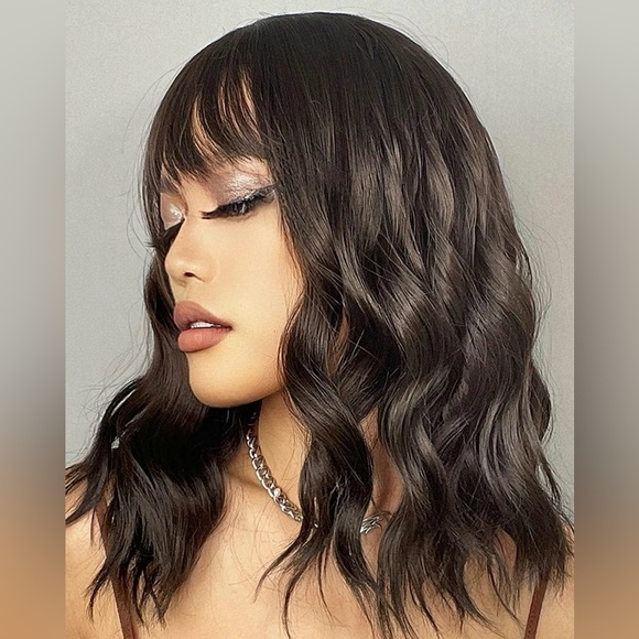 Shoulder length Wig Brunette Bangs brown hair - Picture 2 of 7